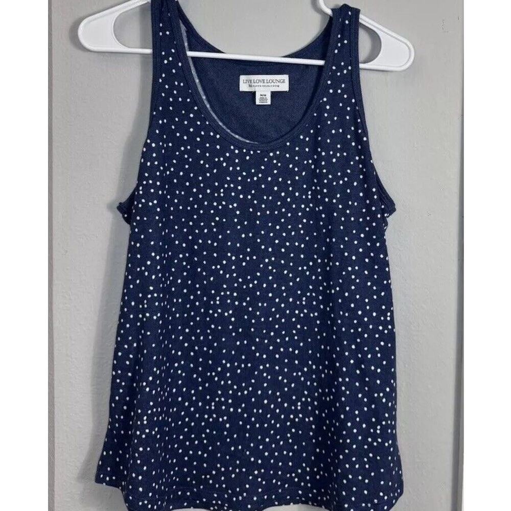 Ladies Size Medium Sweater Tank Pajama Shirt Live Love Lounge Top Blue Polka Dot